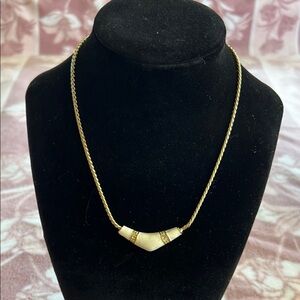 Vintage Gold Rope Chain Necklace with Ivory Enamel & Rhinestone Accents
